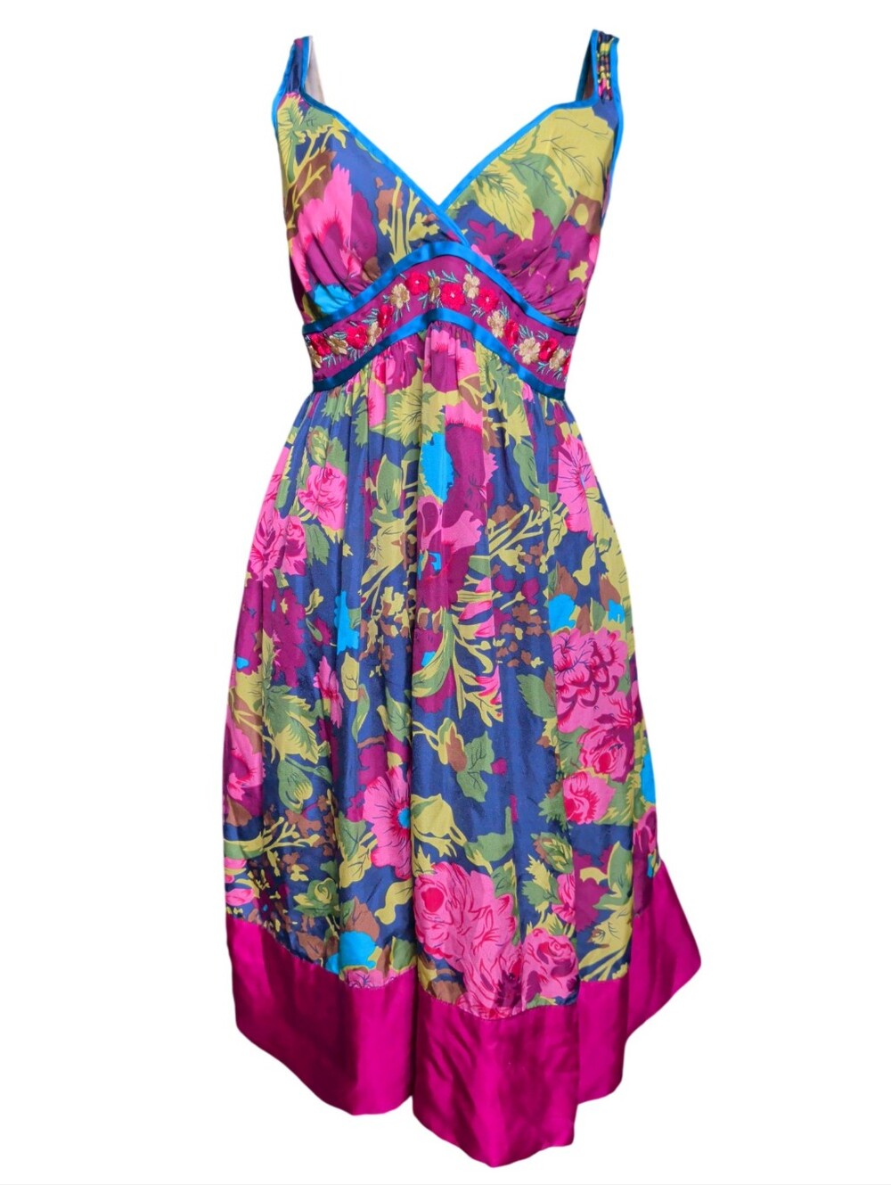 Anthropologie FEI 100% Silk Vibrant Floral Empire Babydoll Dress, Size L